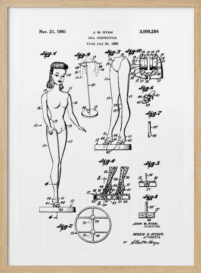 A framed black and white patent illustration for the original Barbie doll, dated November 21, 1961. The diagram, titled 'Doll Construction' by J. W. Ryan, shows various figures including a full view of the doll, cross-sections of its joints, and detailed drawings of its stand and shoes. Print