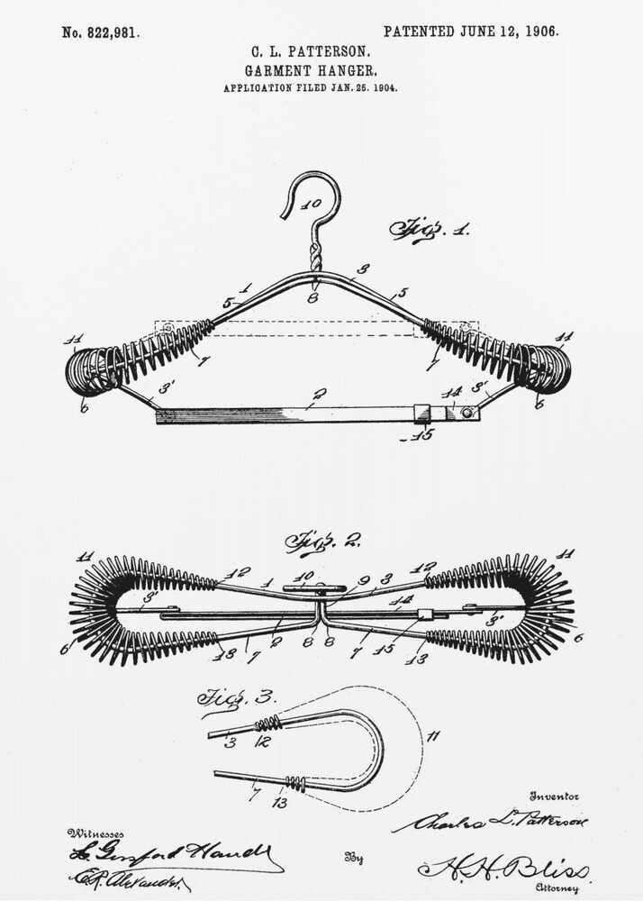 A framed black and white patent illustration for a garment hanger by C. L. Patterson, patented June 12, 1906. The drawing displays three figures detailing the hanger's mechanical design, with cursive signatures at the bottom. Wall Art