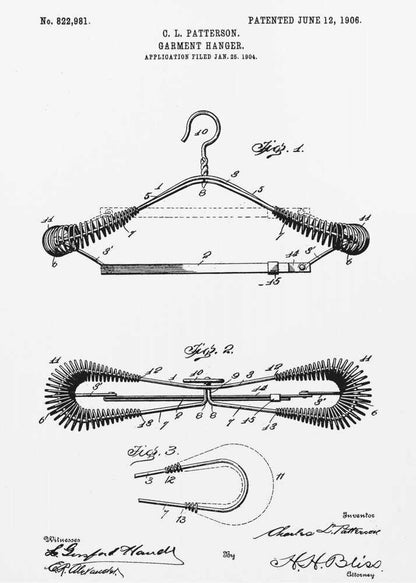 A framed black and white patent illustration for a garment hanger by C. L. Patterson, patented June 12, 1906. The drawing displays three figures detailing the hanger's mechanical design, with cursive signatures at the bottom. Wall Art