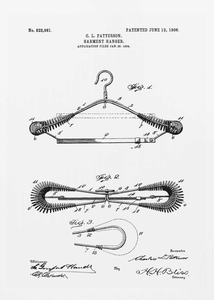 A framed black and white patent illustration for a garment hanger by C. L. Patterson, patented June 12, 1906. The drawing displays three figures detailing the hanger's mechanical design, with cursive signatures at the bottom. Wall Art