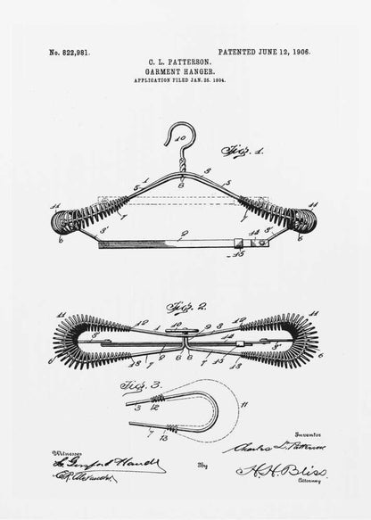 A framed black and white patent illustration for a garment hanger by C. L. Patterson, patented June 12, 1906. The drawing displays three figures detailing the hanger's mechanical design, with cursive signatures at the bottom. Wall Art