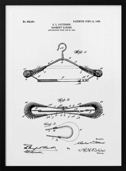 A framed black and white patent illustration for a garment hanger by C. L. Patterson, patented June 12, 1906. The drawing displays three figures detailing the hanger's mechanical design, with cursive signatures at the bottom. Wall Art