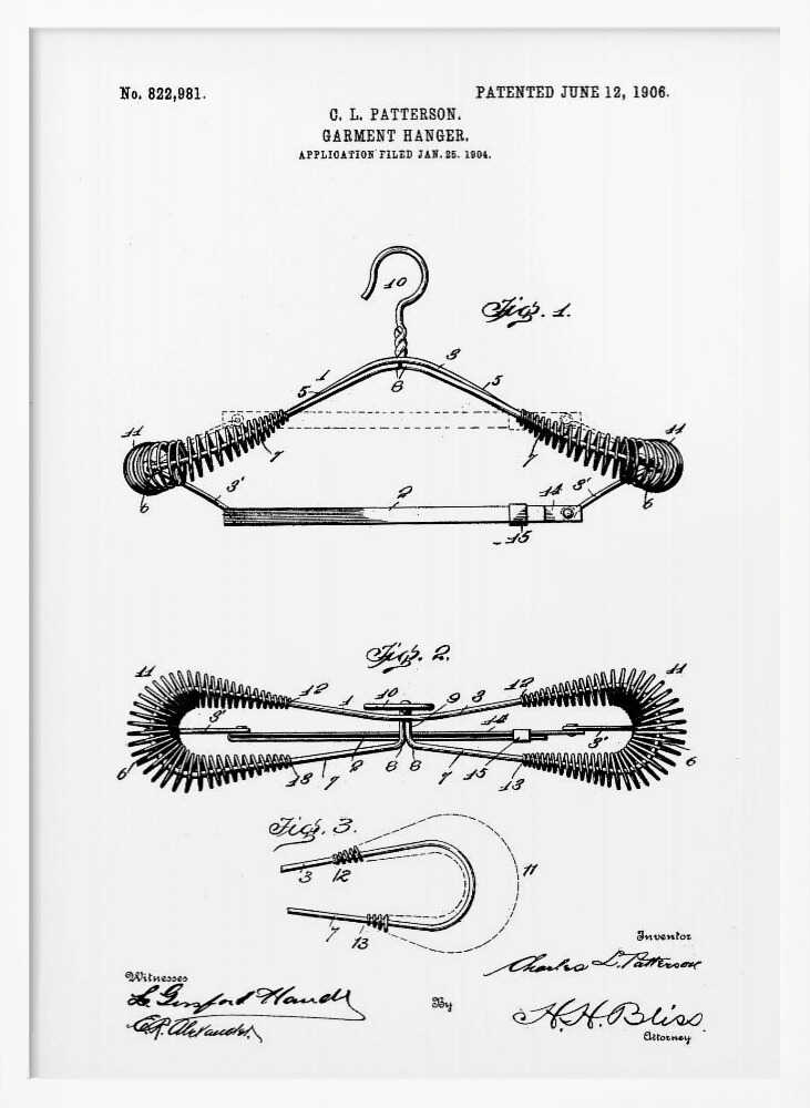 A framed black and white patent illustration for a garment hanger by C. L. Patterson, patented June 12, 1906. The drawing displays three figures detailing the hanger's mechanical design, with cursive signatures at the bottom. Wall Art