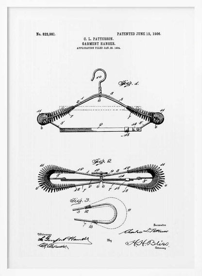 A framed black and white patent illustration for a garment hanger by C. L. Patterson, patented June 12, 1906. The drawing displays three figures detailing the hanger's mechanical design, with cursive signatures at the bottom. Wall Art