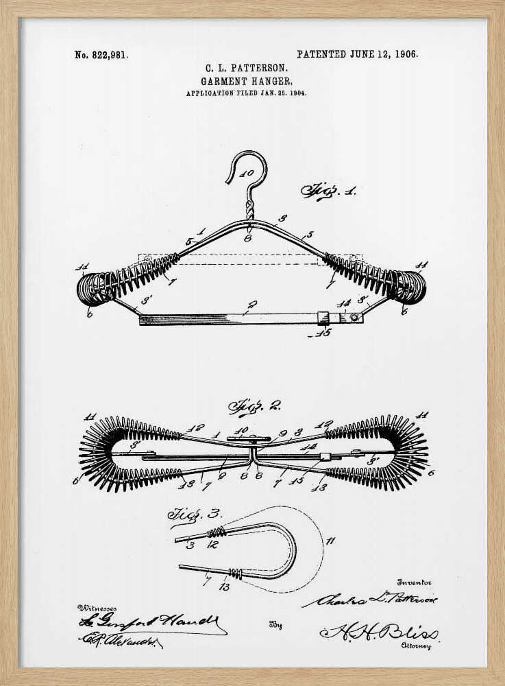A framed black and white patent illustration for a garment hanger by C. L. Patterson, patented June 12, 1906. The drawing displays three figures detailing the hanger's mechanical design, with cursive signatures at the bottom. Wall Art