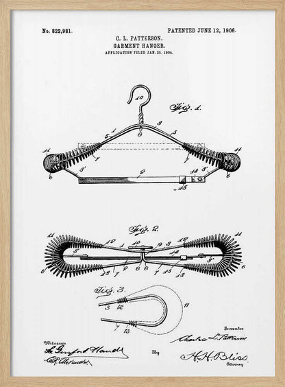 A framed black and white patent illustration for a garment hanger by C. L. Patterson, patented June 12, 1906. The drawing displays three figures detailing the hanger's mechanical design, with cursive signatures at the bottom. Wall Art
