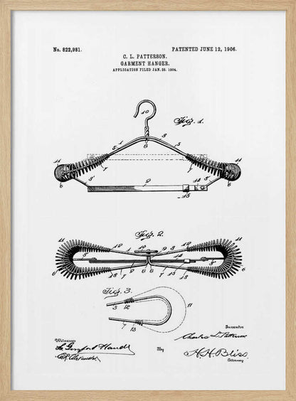 A framed black and white patent illustration for a garment hanger by C. L. Patterson, patented June 12, 1906. The drawing displays three figures detailing the hanger's mechanical design, with cursive signatures at the bottom. Wall Art