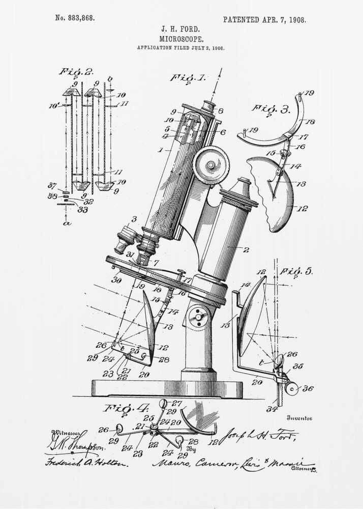 A framed black and white patent illustration for a microscope by J. H. Ford, dated 1908. The document features detailed technical drawings of the microscope and its components, labeled with numbers, against a white background. Poster