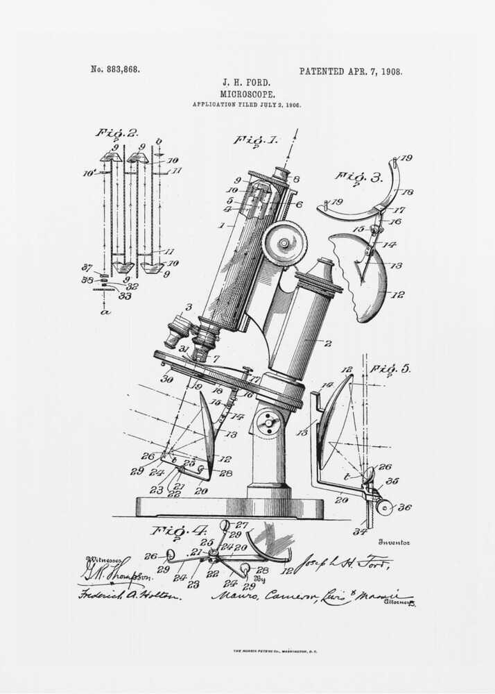 A framed black and white patent illustration for a microscope by J. H. Ford, dated 1908. The document features detailed technical drawings of the microscope and its components, labeled with numbers, against a white background. Poster