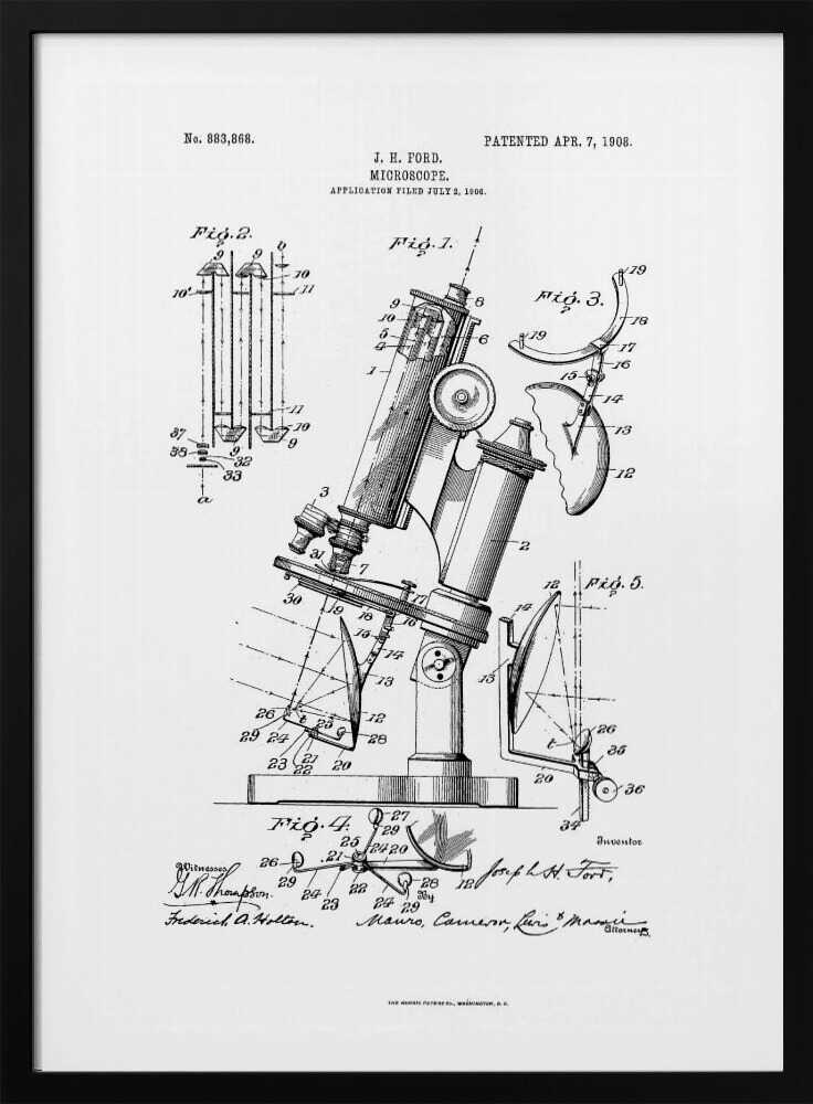 A framed black and white patent illustration for a microscope by J. H. Ford, dated 1908. The document features detailed technical drawings of the microscope and its components, labeled with numbers, against a white background. Poster