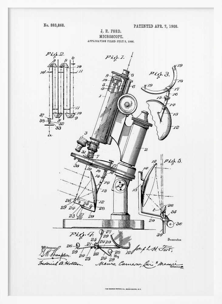 A framed black and white patent illustration for a microscope by J. H. Ford, dated 1908. The document features detailed technical drawings of the microscope and its components, labeled with numbers, against a white background. Poster