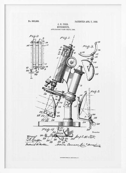 A framed black and white patent illustration for a microscope by J. H. Ford, dated 1908. The document features detailed technical drawings of the microscope and its components, labeled with numbers, against a white background. Poster