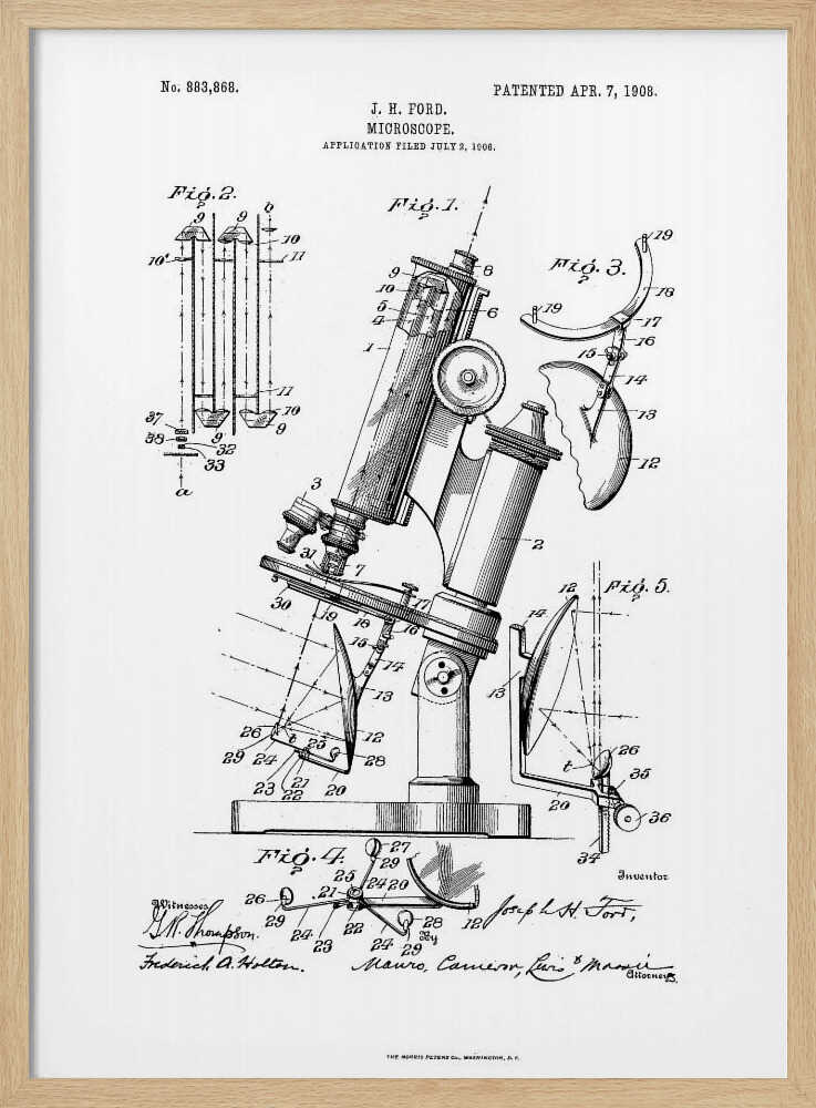 A framed black and white patent illustration for a microscope by J. H. Ford, dated 1908. The document features detailed technical drawings of the microscope and its components, labeled with numbers, against a white background. Poster