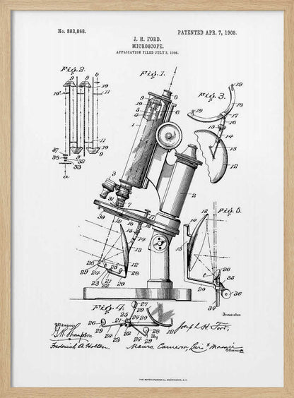 A framed black and white patent illustration for a microscope by J. H. Ford, dated 1908. The document features detailed technical drawings of the microscope and its components, labeled with numbers, against a white background. Poster