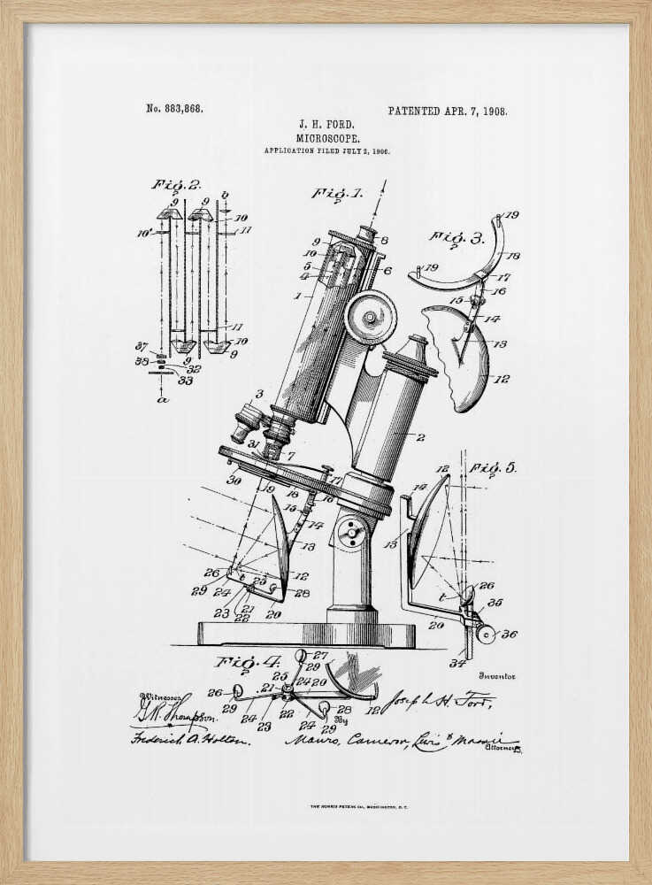 A framed black and white patent illustration for a microscope by J. H. Ford, dated 1908. The document features detailed technical drawings of the microscope and its components, labeled with numbers, against a white background. Poster