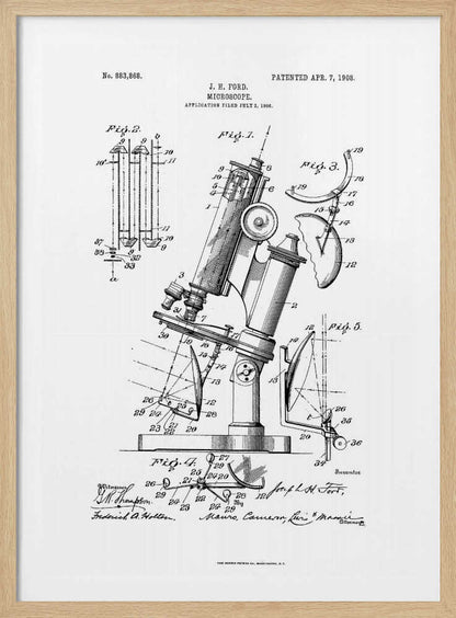 A framed black and white patent illustration for a microscope by J. H. Ford, dated 1908. The document features detailed technical drawings of the microscope and its components, labeled with numbers, against a white background. Poster