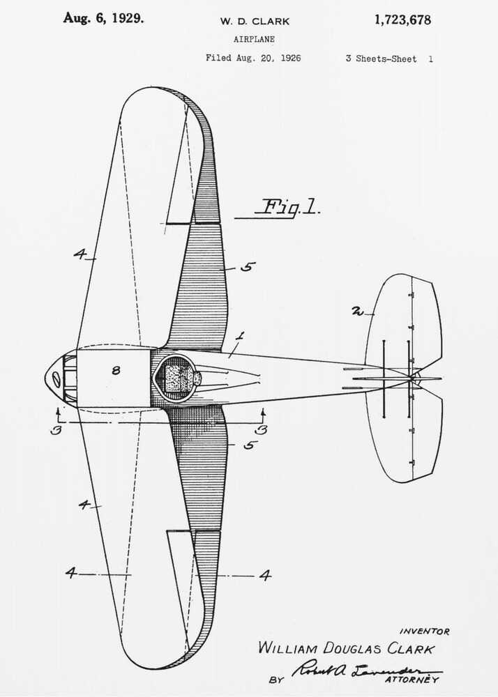 A framed black and white patent illustration for an airplane, dated August 6, 1929. The image shows a top-down schematic view of the aircraft, labeled as 'Fig. 1', with various parts numbered. Text at the top identifies the inventor W. D. Clark and the patent number. At the bottom, the inventor's full name and attorney's signature are visible. Print