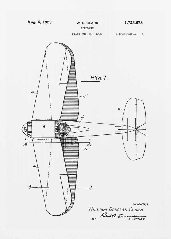 A framed black and white patent illustration for an airplane, dated August 6, 1929. The image shows a top-down schematic view of the aircraft, labeled as 'Fig. 1', with various parts numbered. Text at the top identifies the inventor W. D. Clark and the patent number. At the bottom, the inventor's full name and attorney's signature are visible. Print