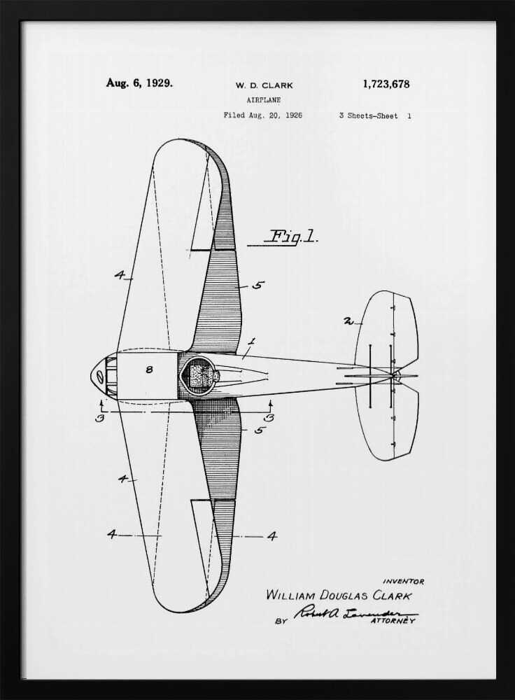 A framed black and white patent illustration for an airplane, dated August 6, 1929. The image shows a top-down schematic view of the aircraft, labeled as 'Fig. 1', with various parts numbered. Text at the top identifies the inventor W. D. Clark and the patent number. At the bottom, the inventor's full name and attorney's signature are visible. Print