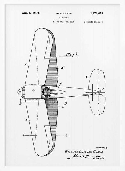 A framed black and white patent illustration for an airplane, dated August 6, 1929. The image shows a top-down schematic view of the aircraft, labeled as 'Fig. 1', with various parts numbered. Text at the top identifies the inventor W. D. Clark and the patent number. At the bottom, the inventor's full name and attorney's signature are visible. Print