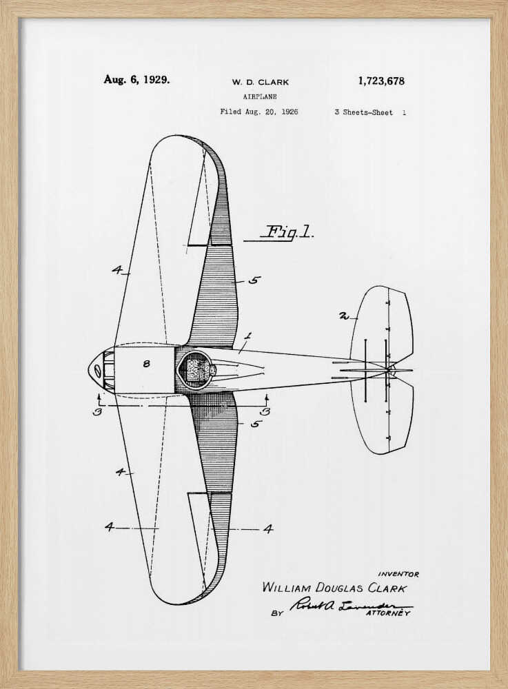 A framed black and white patent illustration for an airplane, dated August 6, 1929. The image shows a top-down schematic view of the aircraft, labeled as 'Fig. 1', with various parts numbered. Text at the top identifies the inventor W. D. Clark and the patent number. At the bottom, the inventor's full name and attorney's signature are visible. Print