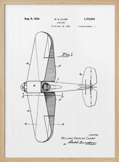 A framed black and white patent illustration for an airplane, dated August 6, 1929. The image shows a top-down schematic view of the aircraft, labeled as 'Fig. 1', with various parts numbered. Text at the top identifies the inventor W. D. Clark and the patent number. At the bottom, the inventor's full name and attorney's signature are visible. Print