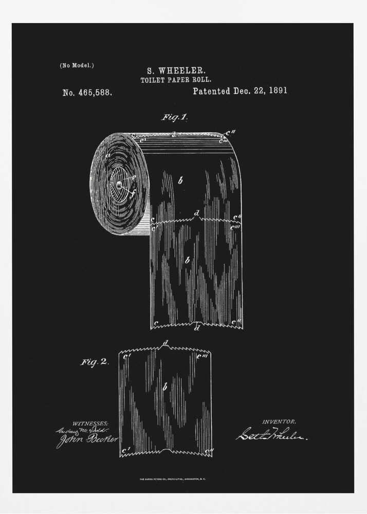 A framed black and white patent illustration for S. Wheeler's toilet paper roll, patented December 22, 1891. The technical drawing is on a black background and shows a full roll and a single perforated sheet, complete with text, figures, and signatures. Poster