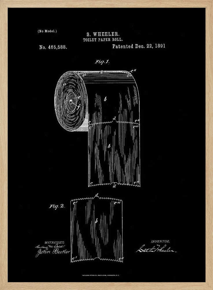 A framed black and white patent illustration for S. Wheeler's toilet paper roll, patented December 22, 1891. The technical drawing is on a black background and shows a full roll and a single perforated sheet, complete with text, figures, and signatures. Poster