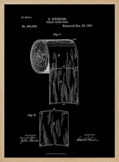 A framed black and white patent illustration for S. Wheeler's toilet paper roll, patented December 22, 1891. The technical drawing is on a black background and shows a full roll and a single perforated sheet, complete with text, figures, and signatures. Poster