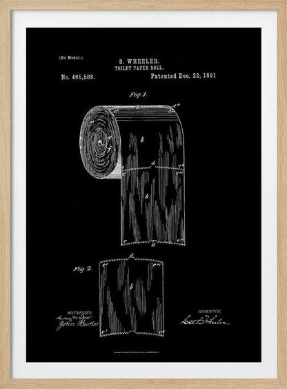 A framed black and white patent illustration for S. Wheeler's toilet paper roll, patented December 22, 1891. The technical drawing is on a black background and shows a full roll and a single perforated sheet, complete with text, figures, and signatures. Poster
