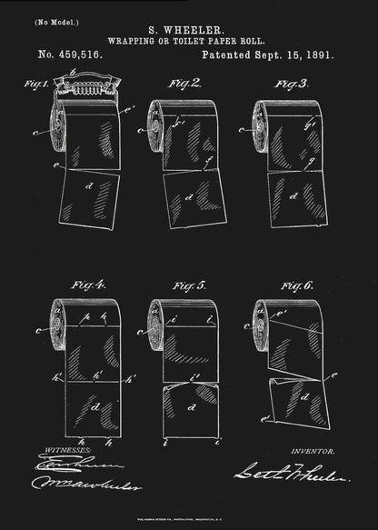 A vintage patent illustration for S. Wheeler's 'Wrapping or Toilet Paper Roll', dated September 15, 1891. The image is a white-on-black blueprint-style drawing showing six different figures of a toilet paper roll, detailing its perforated design. The patent number, title, inventor's name, and signatures are included in the design. Print