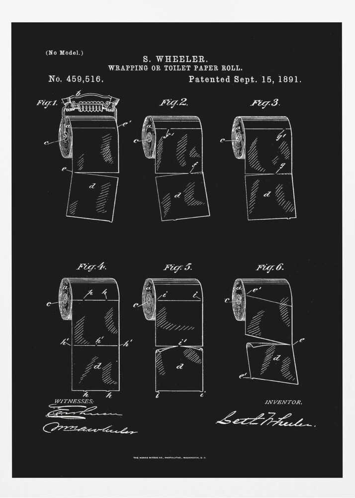 A vintage patent illustration for S. Wheeler's 'Wrapping or Toilet Paper Roll', dated September 15, 1891. The image is a white-on-black blueprint-style drawing showing six different figures of a toilet paper roll, detailing its perforated design. The patent number, title, inventor's name, and signatures are included in the design. Print