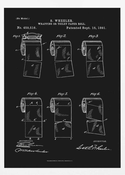 A vintage patent illustration for S. Wheeler's 'Wrapping or Toilet Paper Roll', dated September 15, 1891. The image is a white-on-black blueprint-style drawing showing six different figures of a toilet paper roll, detailing its perforated design. The patent number, title, inventor's name, and signatures are included in the design. Print