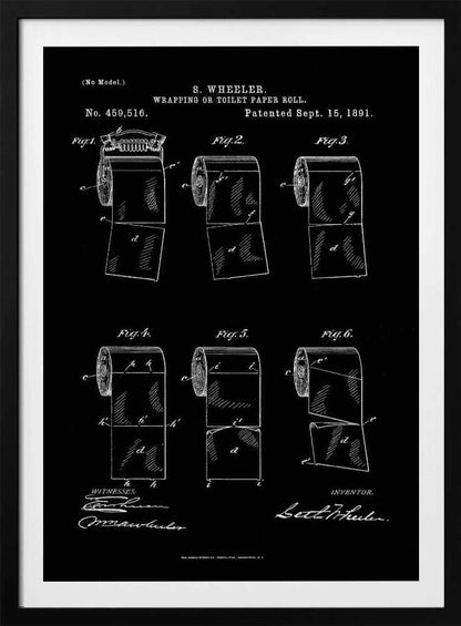 A vintage patent illustration for S. Wheeler's 'Wrapping or Toilet Paper Roll', dated September 15, 1891. The image is a white-on-black blueprint-style drawing showing six different figures of a toilet paper roll, detailing its perforated design. The patent number, title, inventor's name, and signatures are included in the design. Print