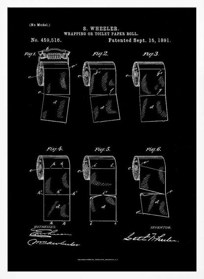 A vintage patent illustration for S. Wheeler's 'Wrapping or Toilet Paper Roll', dated September 15, 1891. The image is a white-on-black blueprint-style drawing showing six different figures of a toilet paper roll, detailing its perforated design. The patent number, title, inventor's name, and signatures are included in the design. Print