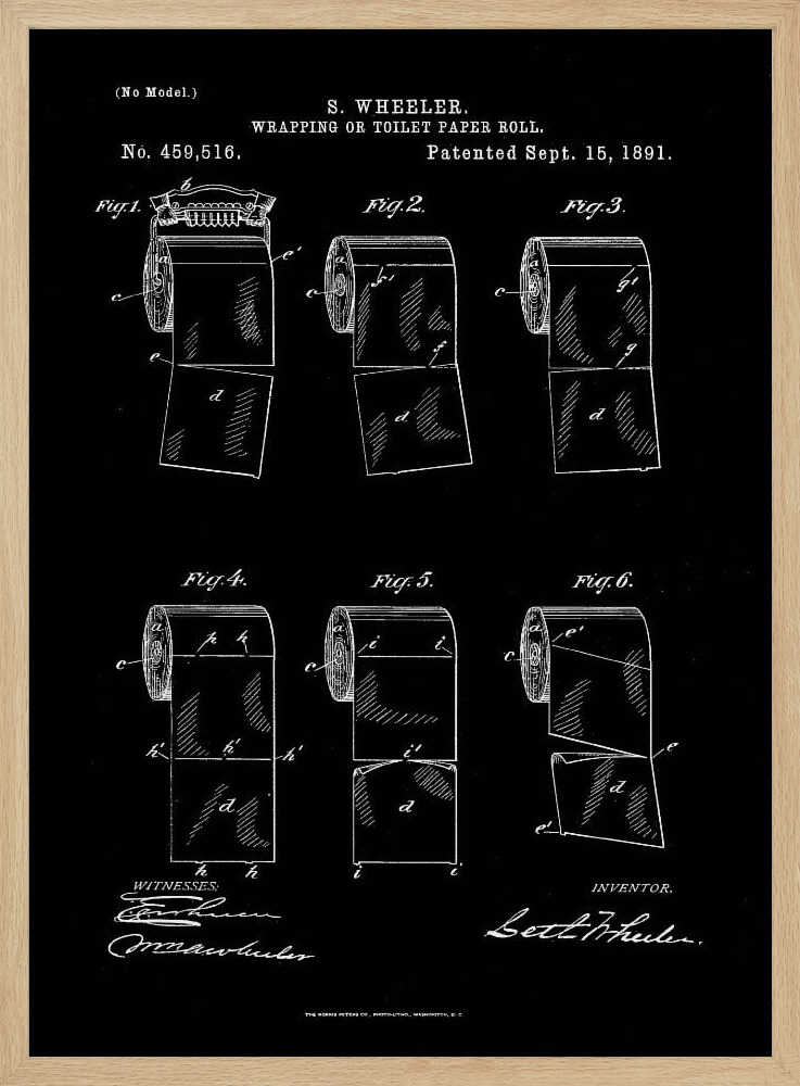 A vintage patent illustration for S. Wheeler's 'Wrapping or Toilet Paper Roll', dated September 15, 1891. The image is a white-on-black blueprint-style drawing showing six different figures of a toilet paper roll, detailing its perforated design. The patent number, title, inventor's name, and signatures are included in the design. Print