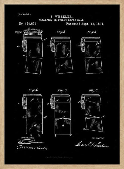 A vintage patent illustration for S. Wheeler's 'Wrapping or Toilet Paper Roll', dated September 15, 1891. The image is a white-on-black blueprint-style drawing showing six different figures of a toilet paper roll, detailing its perforated design. The patent number, title, inventor's name, and signatures are included in the design. Print