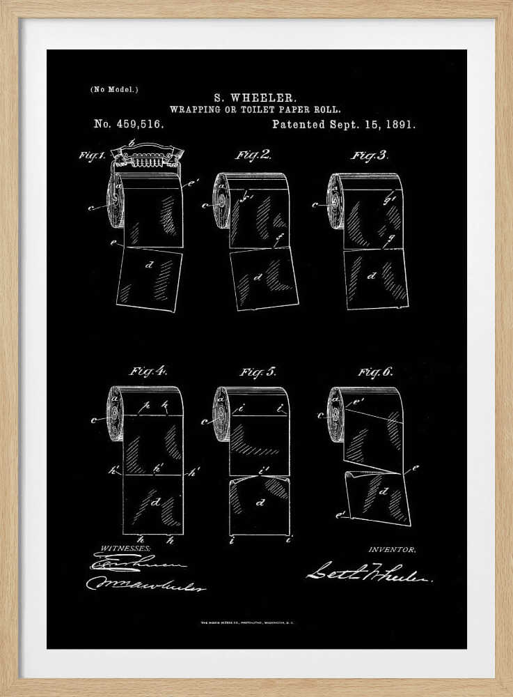 A vintage patent illustration for S. Wheeler's 'Wrapping or Toilet Paper Roll', dated September 15, 1891. The image is a white-on-black blueprint-style drawing showing six different figures of a toilet paper roll, detailing its perforated design. The patent number, title, inventor's name, and signatures are included in the design. Print