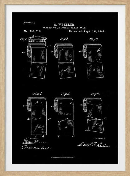 A vintage patent illustration for S. Wheeler's 'Wrapping or Toilet Paper Roll', dated September 15, 1891. The image is a white-on-black blueprint-style drawing showing six different figures of a toilet paper roll, detailing its perforated design. The patent number, title, inventor's name, and signatures are included in the design. Print