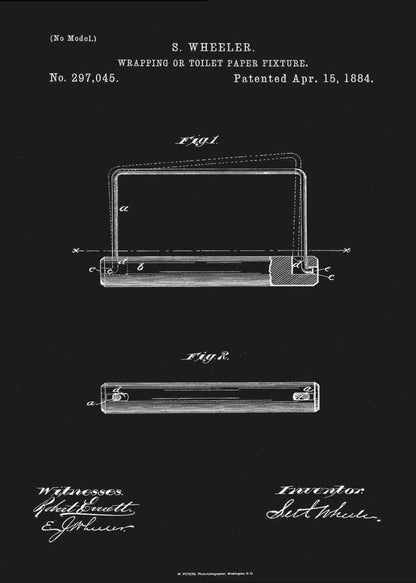A framed, black and white print of the 1884 patent for S. Wheeler's Wrapping or Toilet Paper Fixture. The design shows technical diagrams, the patent number 297,045, and signatures against a black background. Decor