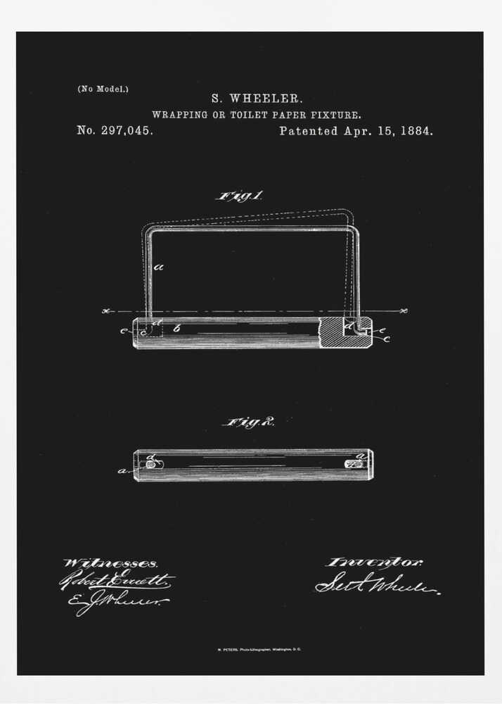A framed, black and white print of the 1884 patent for S. Wheeler's Wrapping or Toilet Paper Fixture. The design shows technical diagrams, the patent number 297,045, and signatures against a black background. Decor