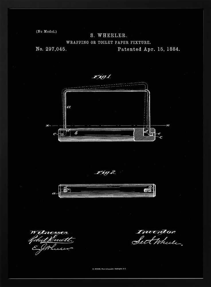 A framed, black and white print of the 1884 patent for S. Wheeler's Wrapping or Toilet Paper Fixture. The design shows technical diagrams, the patent number 297,045, and signatures against a black background. Decor