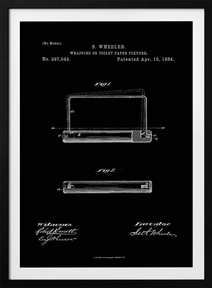 A framed, black and white print of the 1884 patent for S. Wheeler's Wrapping or Toilet Paper Fixture. The design shows technical diagrams, the patent number 297,045, and signatures against a black background. Decor