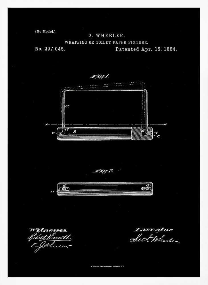 A framed, black and white print of the 1884 patent for S. Wheeler's Wrapping or Toilet Paper Fixture. The design shows technical diagrams, the patent number 297,045, and signatures against a black background. Decor