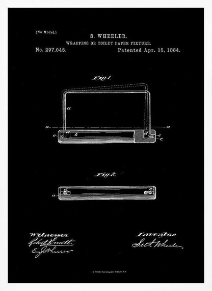 A framed, black and white print of the 1884 patent for S. Wheeler's Wrapping or Toilet Paper Fixture. The design shows technical diagrams, the patent number 297,045, and signatures against a black background. Decor