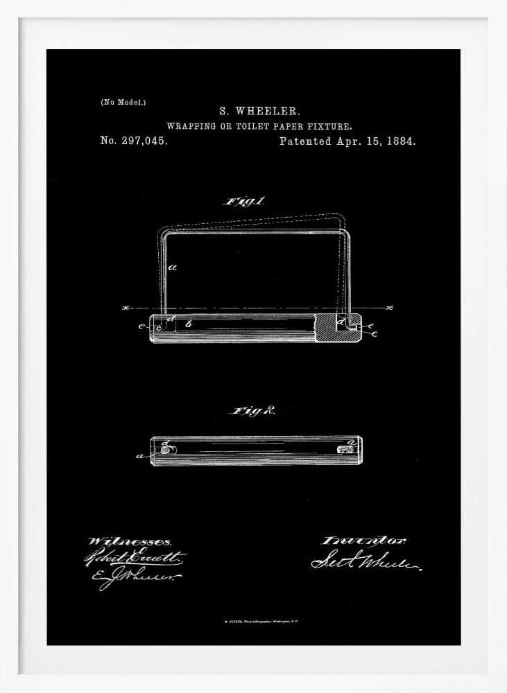 A framed, black and white print of the 1884 patent for S. Wheeler's Wrapping or Toilet Paper Fixture. The design shows technical diagrams, the patent number 297,045, and signatures against a black background. Decor