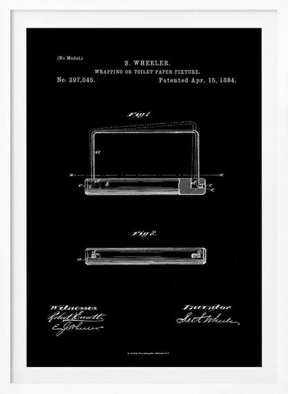 A framed, black and white print of the 1884 patent for S. Wheeler's Wrapping or Toilet Paper Fixture. The design shows technical diagrams, the patent number 297,045, and signatures against a black background. Decor