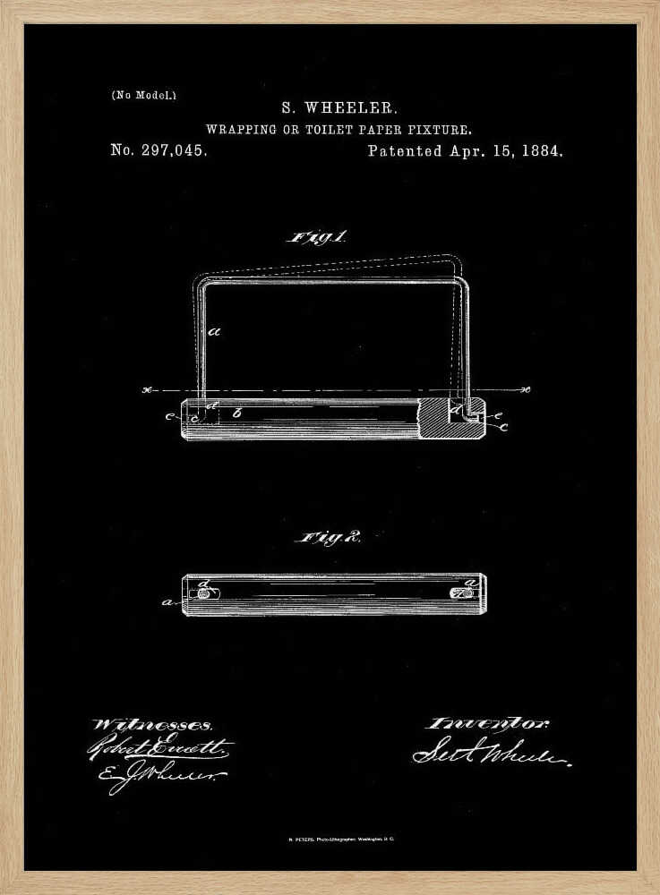 A framed, black and white print of the 1884 patent for S. Wheeler's Wrapping or Toilet Paper Fixture. The design shows technical diagrams, the patent number 297,045, and signatures against a black background. Decor