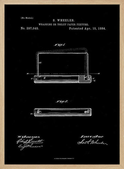 A framed, black and white print of the 1884 patent for S. Wheeler's Wrapping or Toilet Paper Fixture. The design shows technical diagrams, the patent number 297,045, and signatures against a black background. Decor