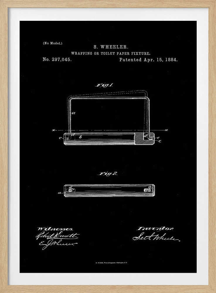 A framed, black and white print of the 1884 patent for S. Wheeler's Wrapping or Toilet Paper Fixture. The design shows technical diagrams, the patent number 297,045, and signatures against a black background. Decor